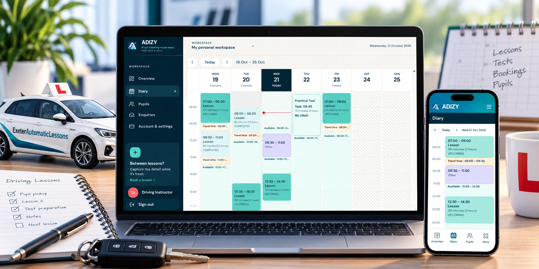 ADIZY driving instructor diary software showing weekly lesson bookings, working hours and availability on laptop and mobile.