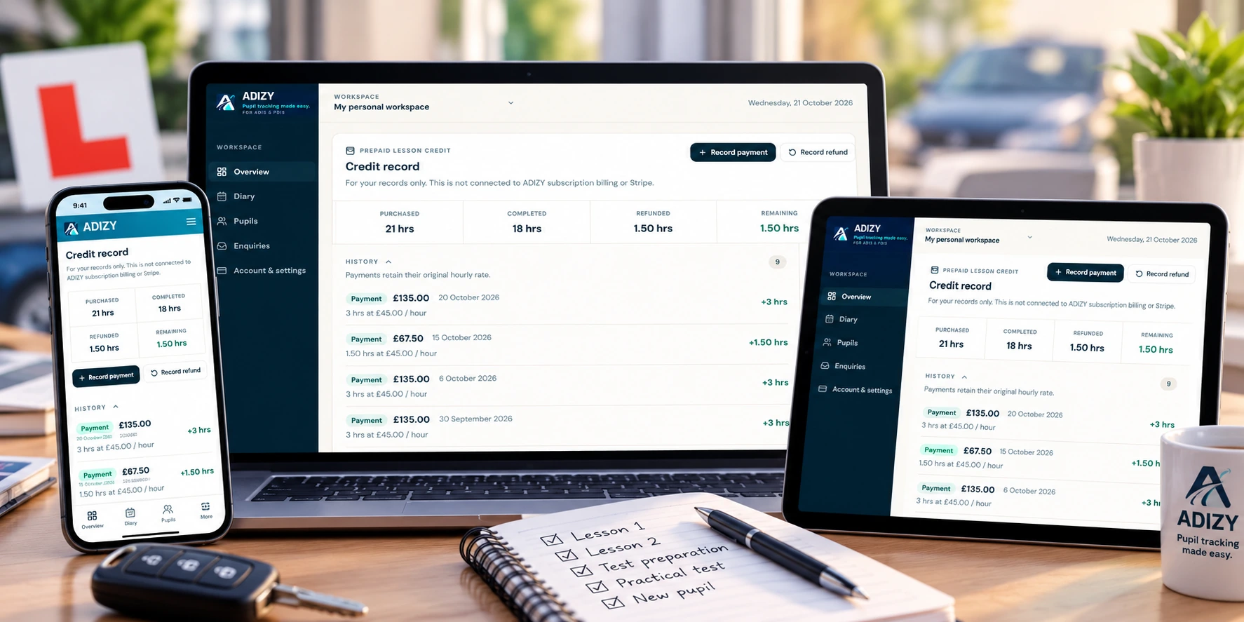 ADIZY lesson payment tracking and prepaid credit records displayed on a laptop, tablet and mobile phone