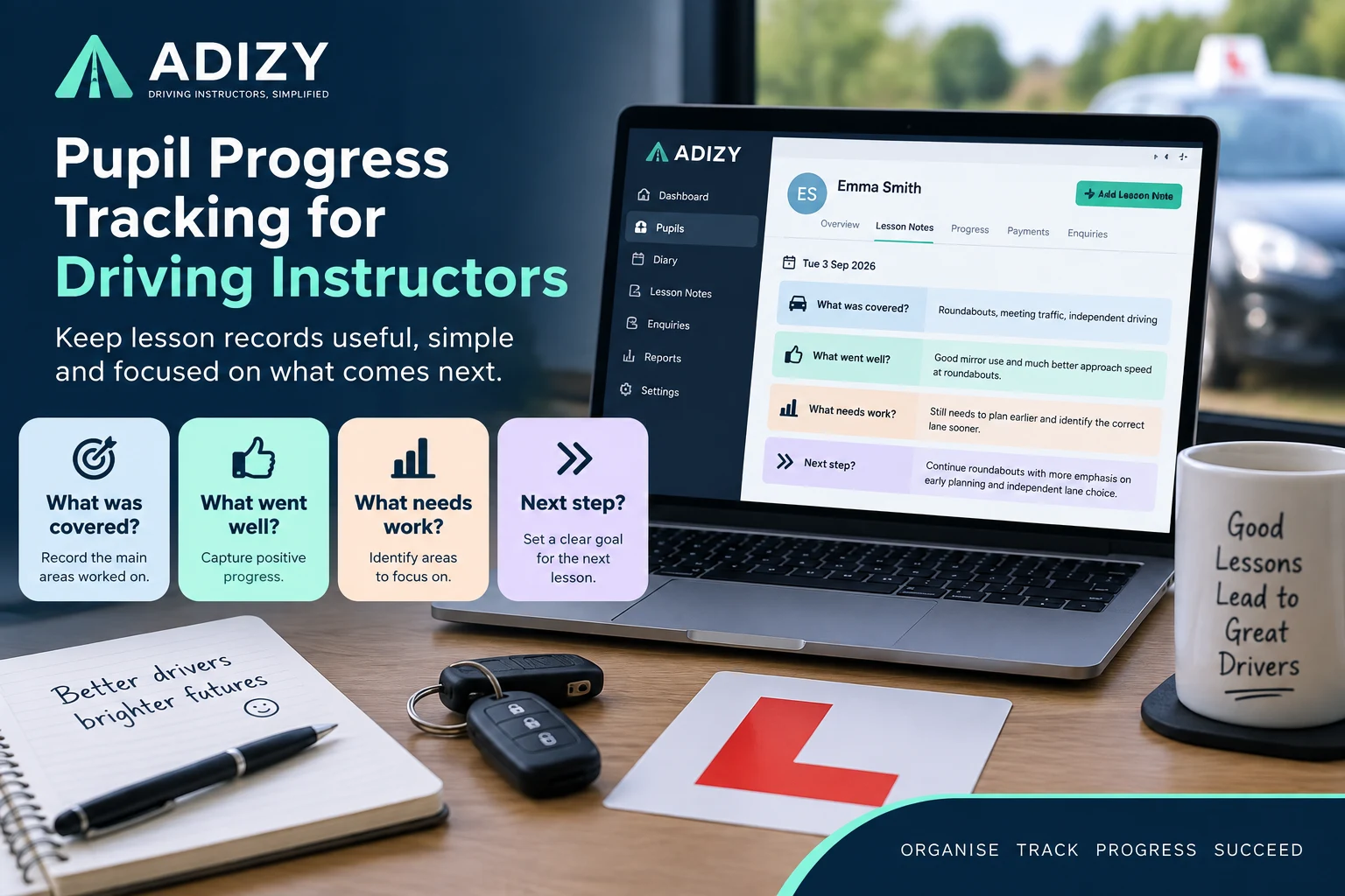 Illustration of ADIZY pupil progress tracking and lesson notes for driving instructors